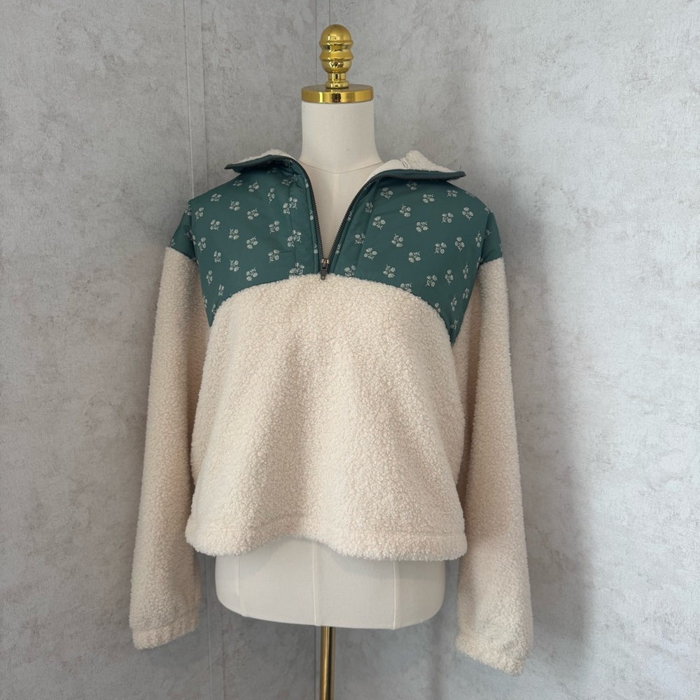 Cozy Teal & Cream Sherpa Half-Zip Jacket